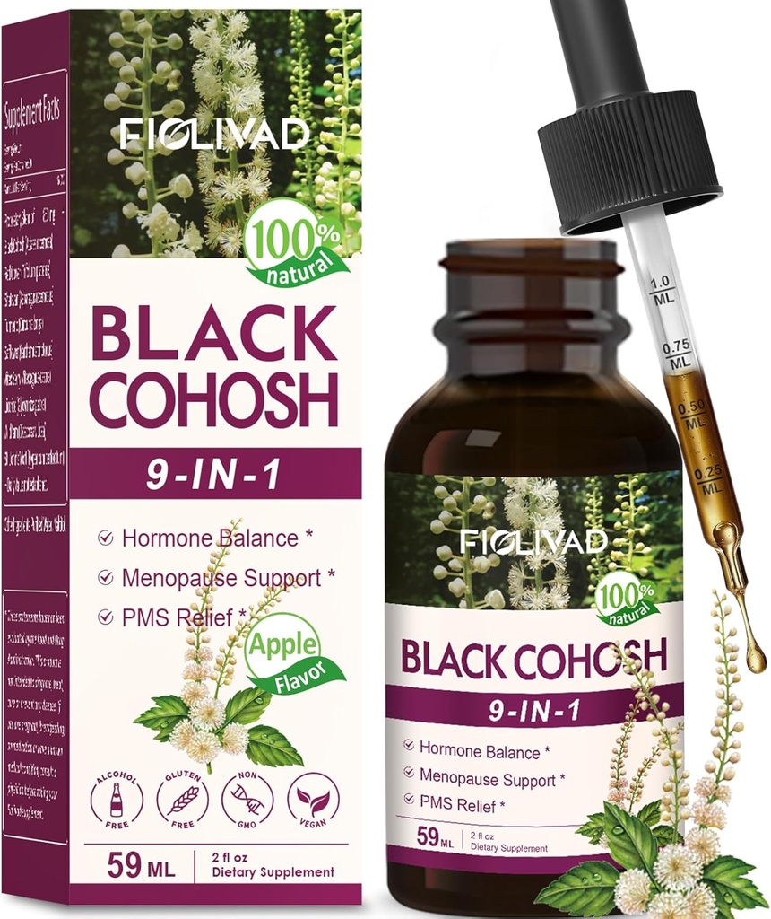 Black Cohosh Drops, 호르몬 균형, Menopause 지원 & PMS 구호를 위한 초본 추출물 혼합. 2oz- (애플 풍미)