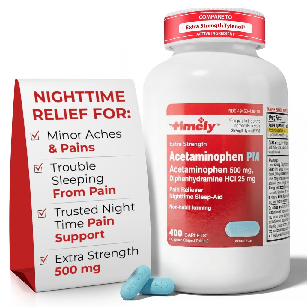 시간 모자 LABS, INC. Timely Acetaminophen PM - 추가 강도 PM - 400 카운트 - Tylenol PM Extra Strength와 비교 - 좋은 밤 수면을위한 통증 완화 PM - 미국에서 만든