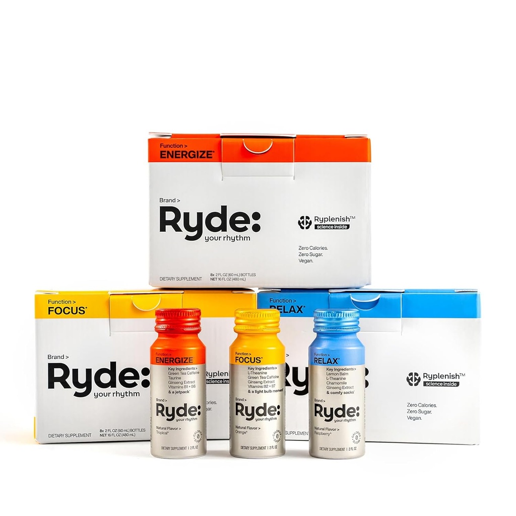 Ryde : 디스커버리 팩 | Energize, Focus & Relax Shot | 녹차 카페인, 타우린, 인삼, B 비타민, L-Theanine, Lemon Balm, Chamomile | 0 칼로리, 0 설탕 | 다양한 팩 – Try Them All (24 Pack)