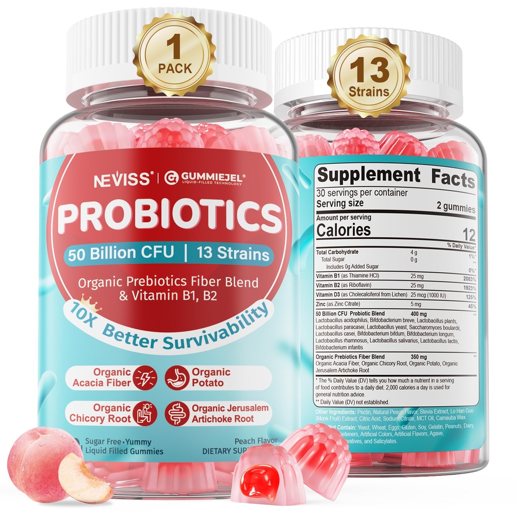 성인 & 아이를 위한 NEVISS Probiotic + Prebiotic Gummies 4, 설탕 자유로운 Chewable 50억 CFUs w/Fiber, 비타민 B1 B2 D3 & 아연, Digestive & Gut 건강을 위한, 부스트 Microflora 다양성, 60 Cts