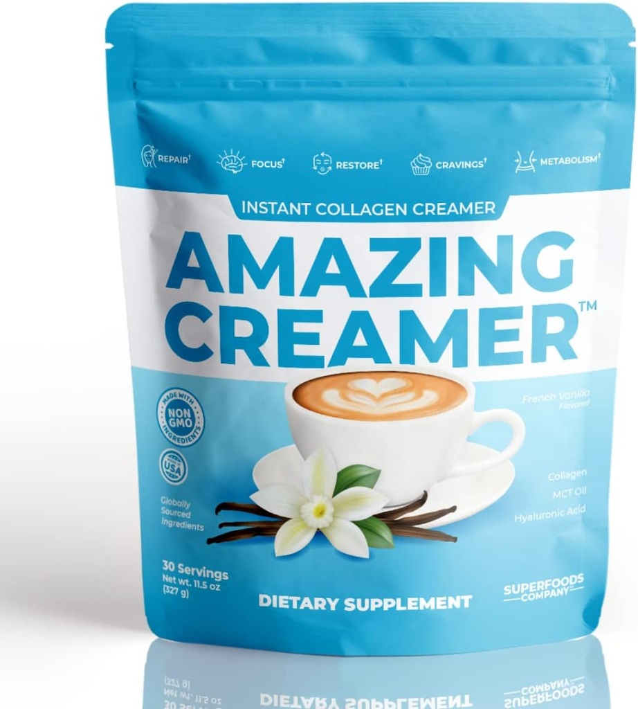Superfoods Company Collagen - Keto Creamer-Hyaluronic 산 & MCT 기름 - 두뇌 Boost & Curbs Cravings - 건강한 피부 & 머리 지원 - Diet-Friendly [30 서빙] [Vanilla]