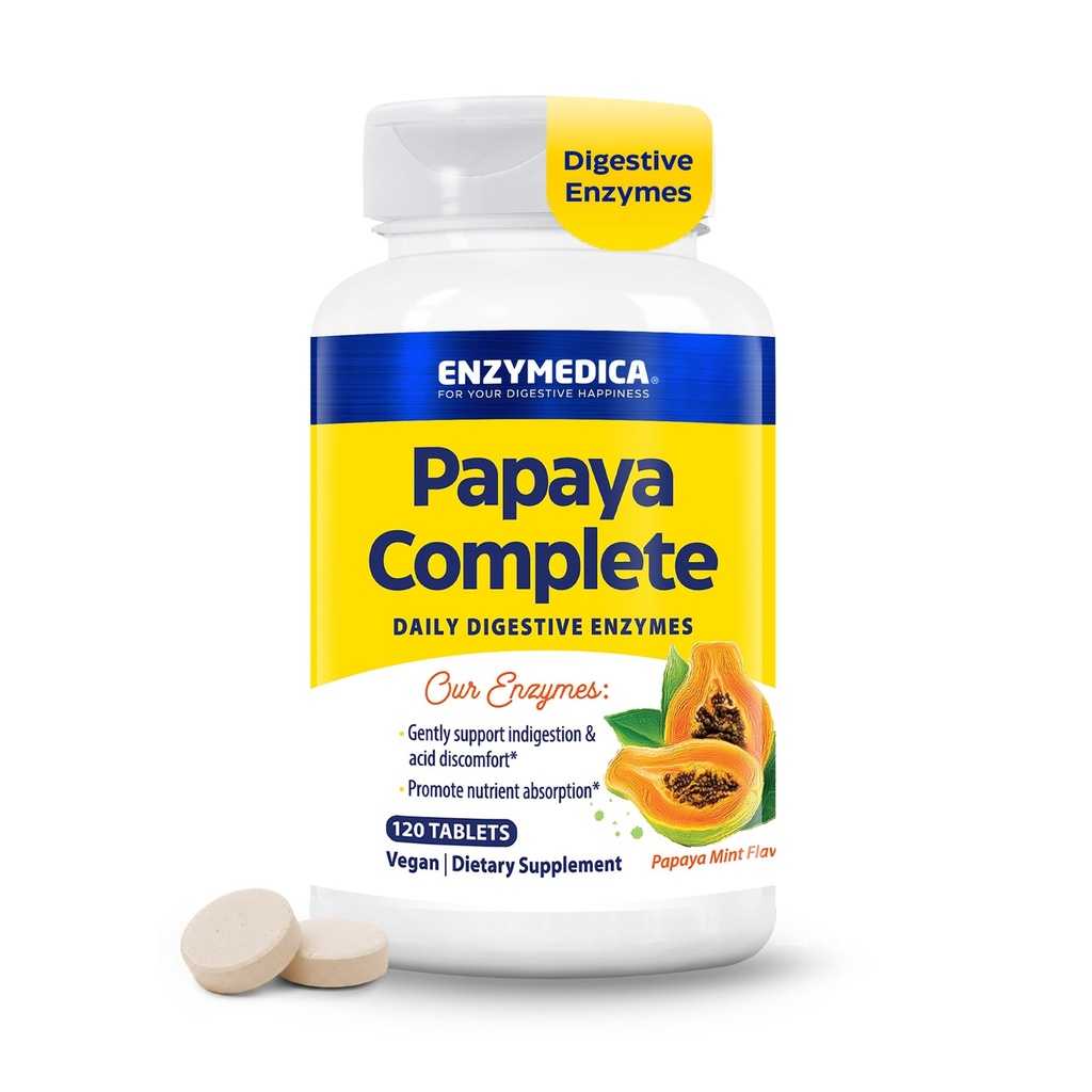 Enzymedica Papaya Enzymes Chewable, 유기 Papaya 주스와 Chlorophyll, 높은 Potency Bromelain & Papain, Vegan, Mint 풍미, 120 정제와 여성과 남성을 위한 소화 효소