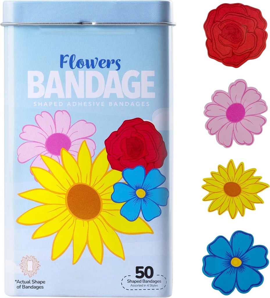 BioSwiss Kids Bandages, 꽃 모양 자동 접착 붕대 세트, 라텍스 무료, 멸균 상처 치료, 50 조사