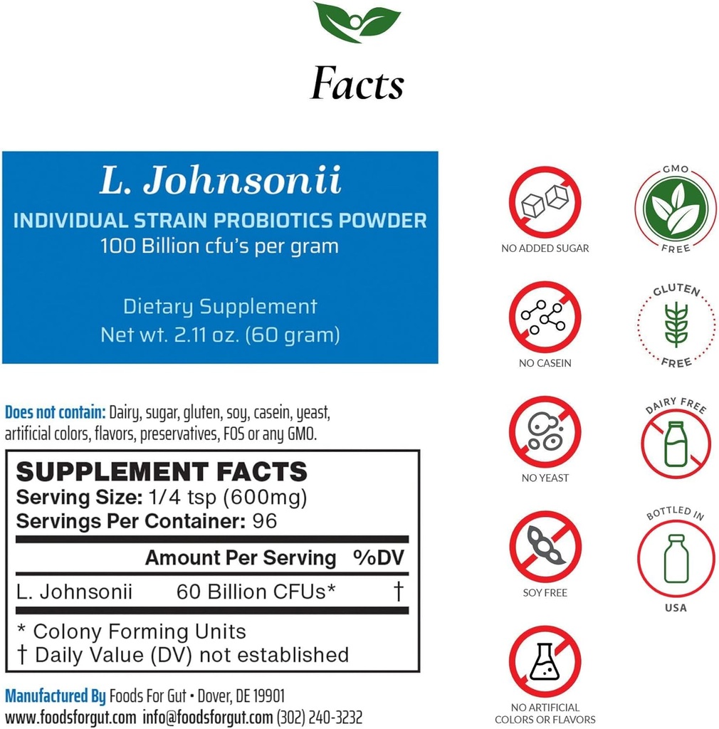Gut Lactobacillus Johnsonii Probiotic Powder 100 Billion cfu's | 첨가물 없음 | 제조업체에서 직접 | 제3자 스토리지 | 면역 지원 | L. Johnsonii | 60 Grams (2.11 Oz)