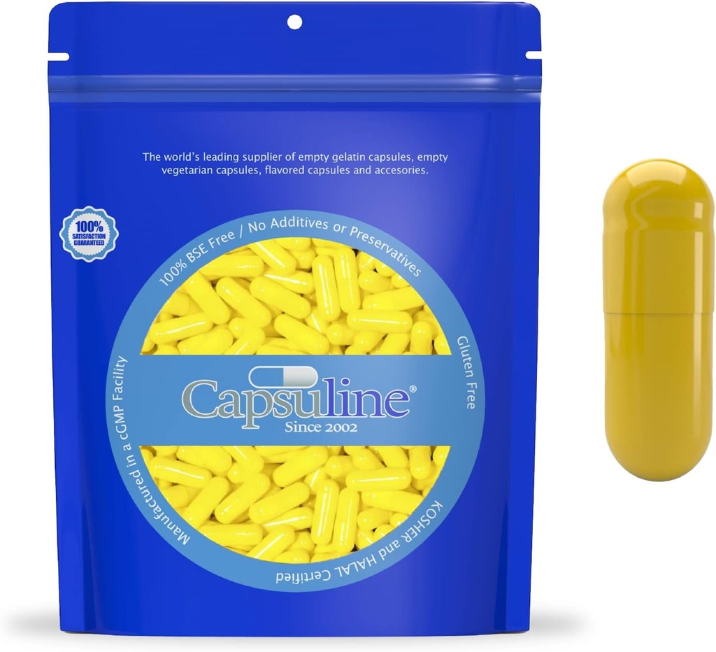 Colored Size 0 빈 젤라틴 캡슐 Capsuline - Yellow/Yellow 10000 Count |Kosher & Halal Certified | 글루텐 무료