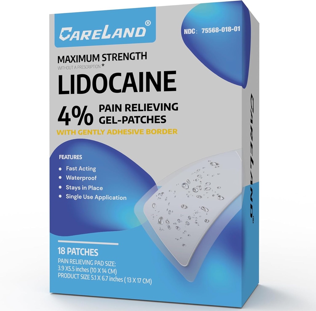 CARELAND 4% 리도카인 헝겊 조각 18 PC 방수 최대 힘 허리 통증 완화 제품 패치 강한 접착제 국경, 목 무릎에 대 한 신경 통증 완화 근육 Relaxer, 슈퍼 끈끈