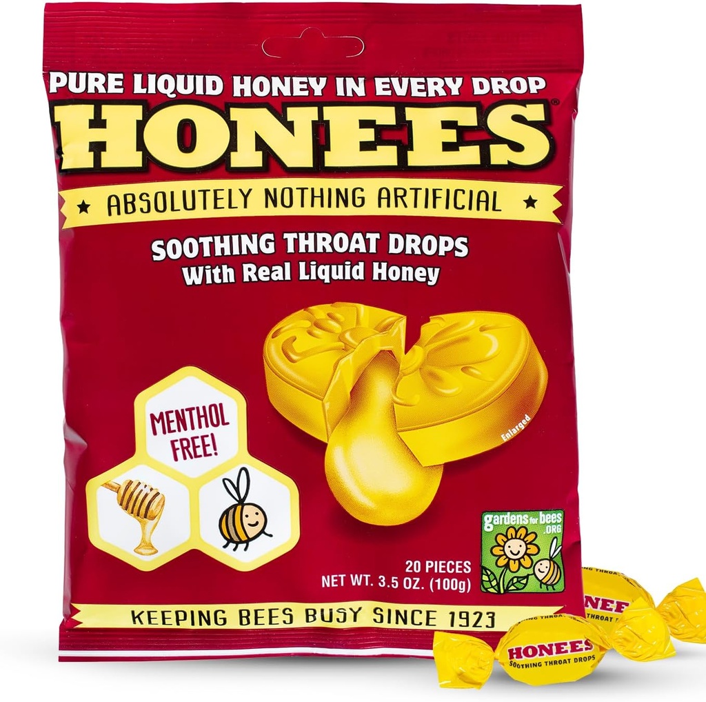 Honees Honey Filled Drops, 꿀 Cough Drops with Real Honey-Natural Sore Throat Relief-Nothing Artificial-Throat Coat Lozenges, 자연 Cough Suppressant, Non-GMO, 글루텐 무료 (1 팩 – 20 방울)
