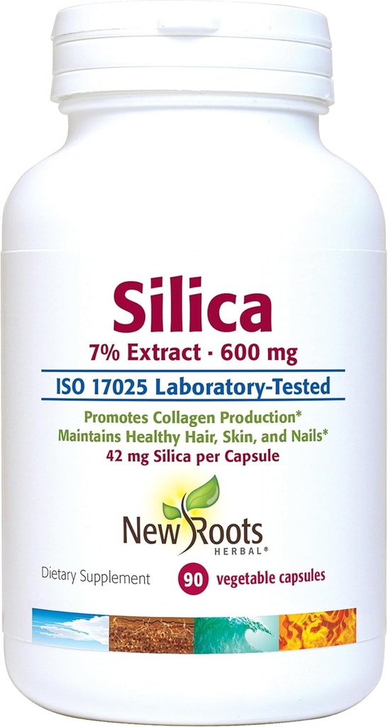 실리카 7% 추출물 보충교재 (90 캡슐) - 캡슐 당 600mg - 실리카 보충교재 - 지원 머리 못 및 피부 | NEW ROOTS HERBAL