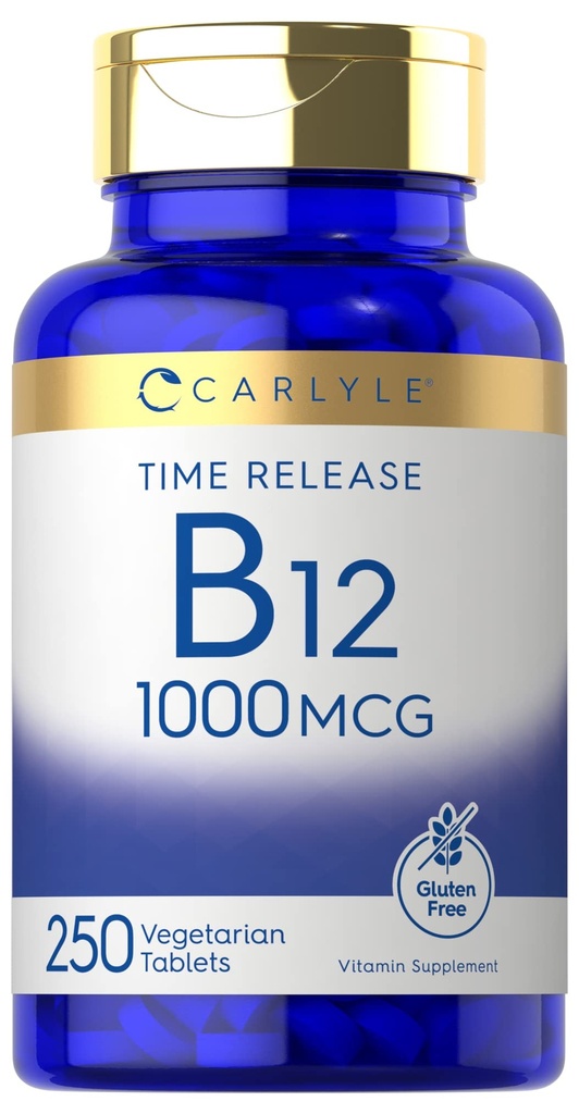 Carlyle B12 비타민 1000 mcg | 250 카운트 | 시간 릴리스 정제 | Cyanocobalamin | 채식주의, 비 GMO 및 글루텐 무료 보충