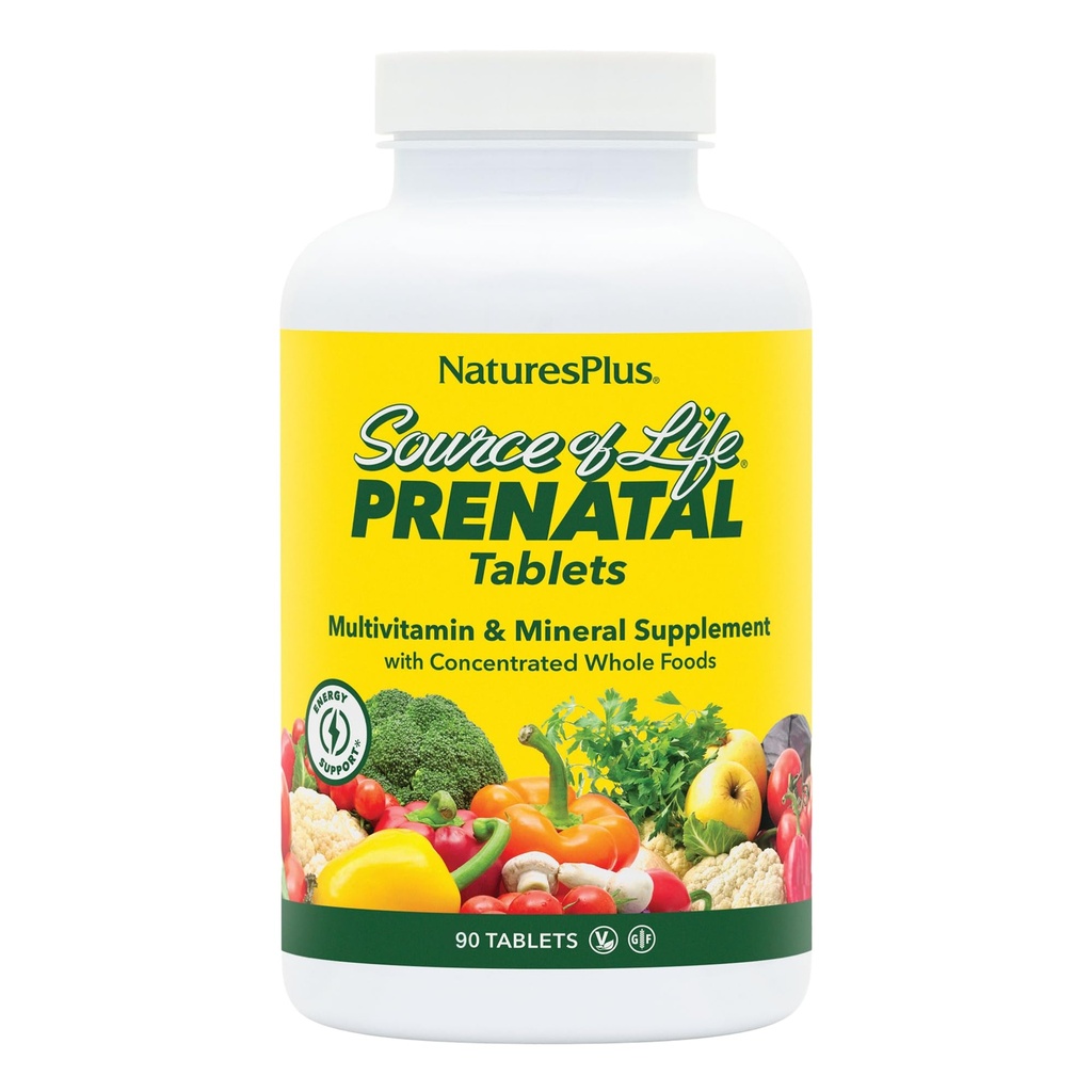 Natures Plus Source of Life Prenatal - 800 mcg Folate, 90 채식 정제 - 철 및 칼슘이있는 모든 자연 예비 비타민 및 미네랄 - 최적의 건강 및 에너지 - 글루텐 - 무료 - 45 서빙
