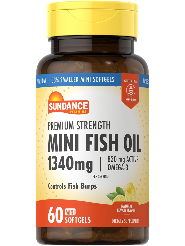 Sundance Mini Fish Oil Softgels 1340mg | 60 개 | Controls Fish Burps | 오메가-3의 프리미엄 강도 공식 | 천연 레몬 맛 | Non-GMO 및 글루텐 무료 보충