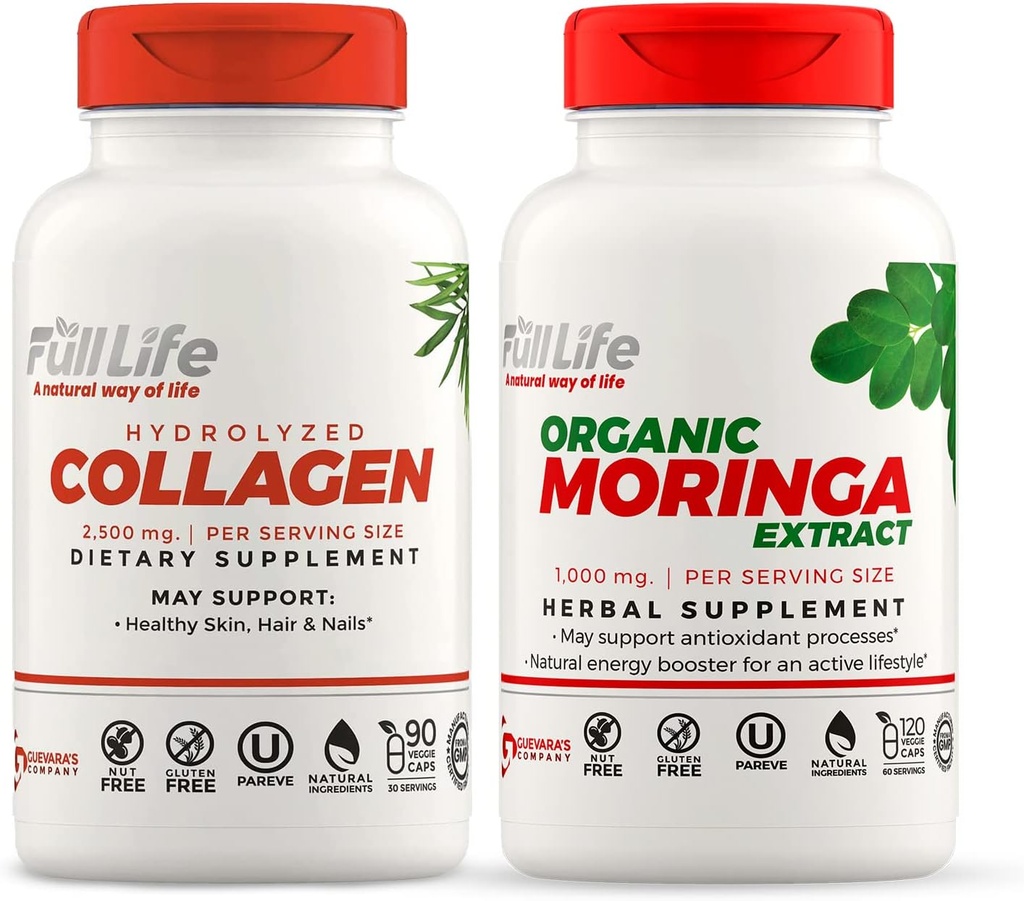 Full Life Hydrolyzed Collagen 및 Moringa Oleifera 캡슐 - 규정식 보충제 - 여성과 남성, 글루텐 - 무료 - Veggie 캡슐에 대한 Bovine Collagen 알약