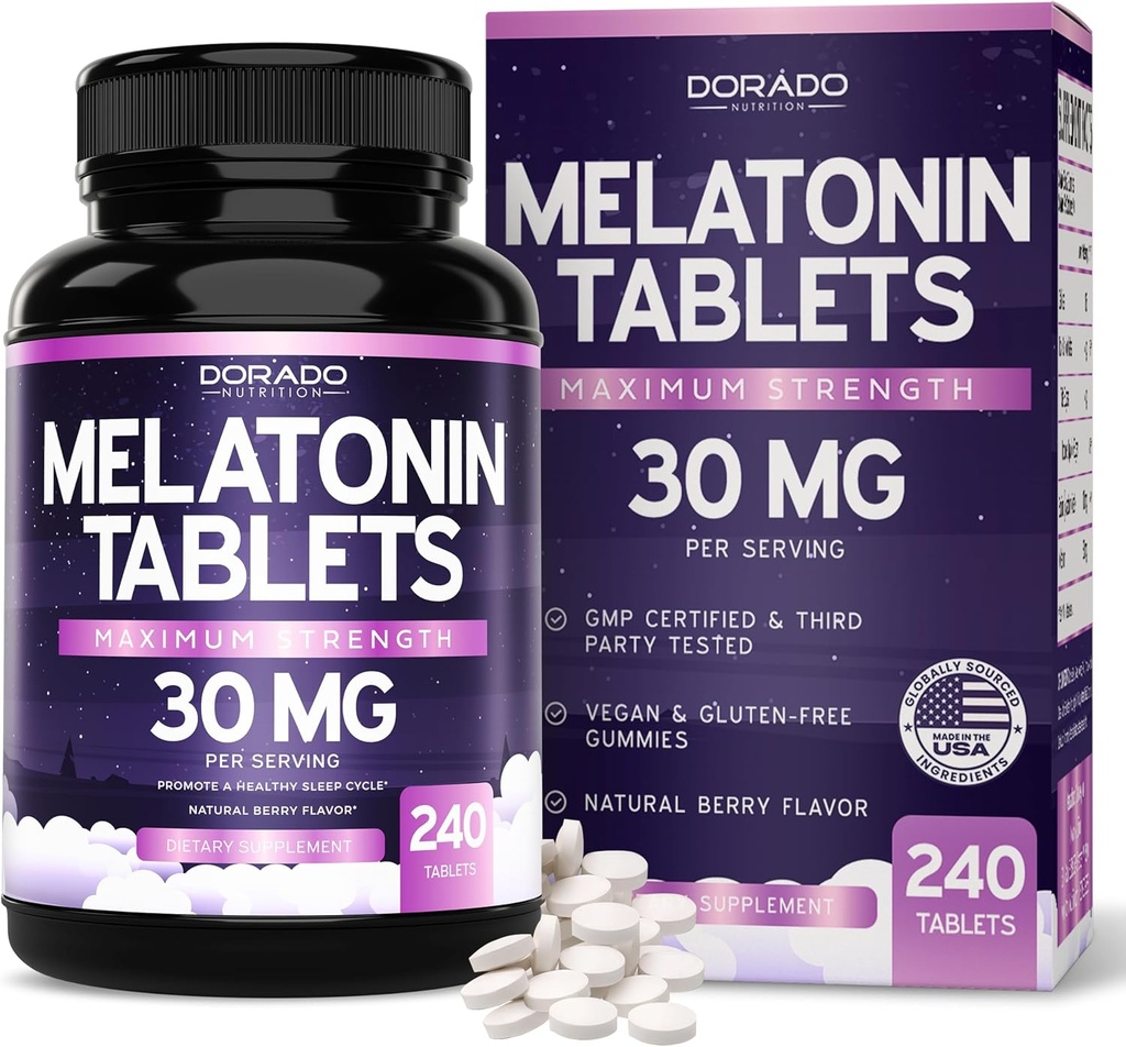 Melatonin 30mg 정제 성인 (240 정제) - 정제 당 Melatonin의 30mg를 가진 빠른 용해 정제 - 글루텐 자유로운, 비 GMO, 100% 채식주의자, & 중대한 맛 - 혼합 베리 풍미 - 미국에서 만드는
