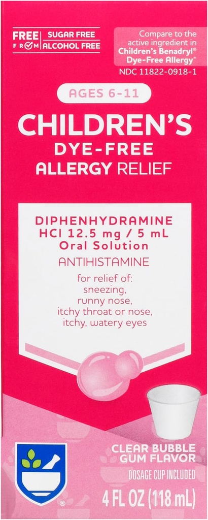 Rite Aid Children's Allergy Relief, Diphenhydramine HCI, Bubble Gum flavor, 12.5 mg - 4 oz | Antihistamine | 아이들의 알레르기 약 | 알레르기 약물 | 알레르기 약물 | 알레르기 약 | 아이 알레르기 약