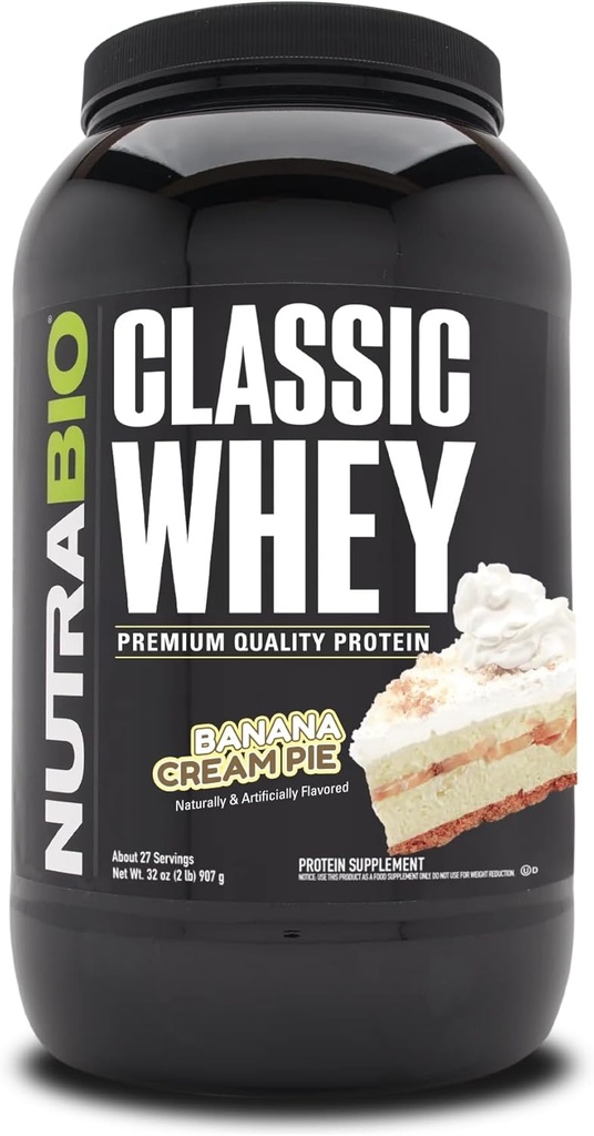 NutraBio 클래식 Whey Protein Powder- 25G Protein Per Scoop - 풀 스펙트럼 아미노산 프로필 - 필러 없음, 인공 색상, 보존제 - (반나 크림 파이, 2 파운드)