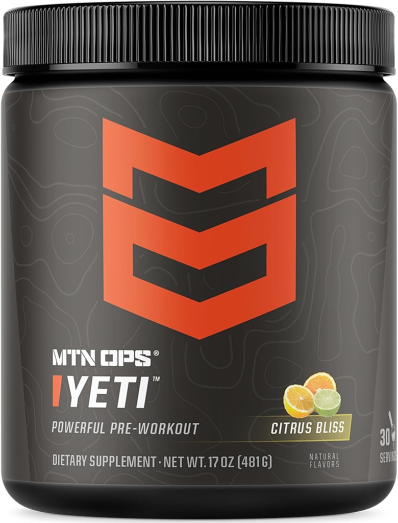 MTN OPS Yeti Pre-Workout 분말 Creatine, 200mg Caffeine & Beta Alanine, 30-Serving Tub, Citrus Bliss와 함께 에너지 음료