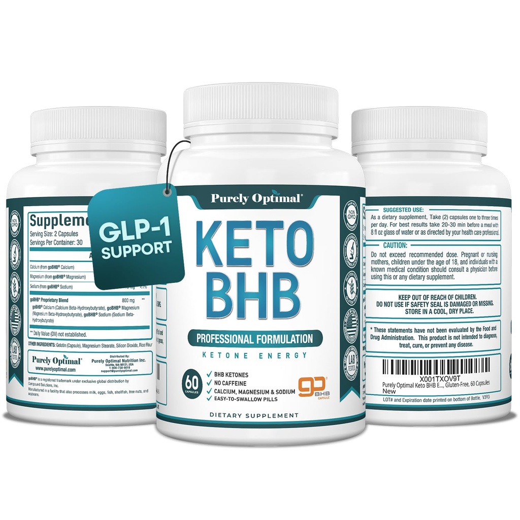 Purely Optimal Keto BHB 캡슐 - Ketosis 지원, 지속 에너지, 초점 및 대사를위한 Exogenous Ketone 알약 - 여성 및 남성, 60 캡슐