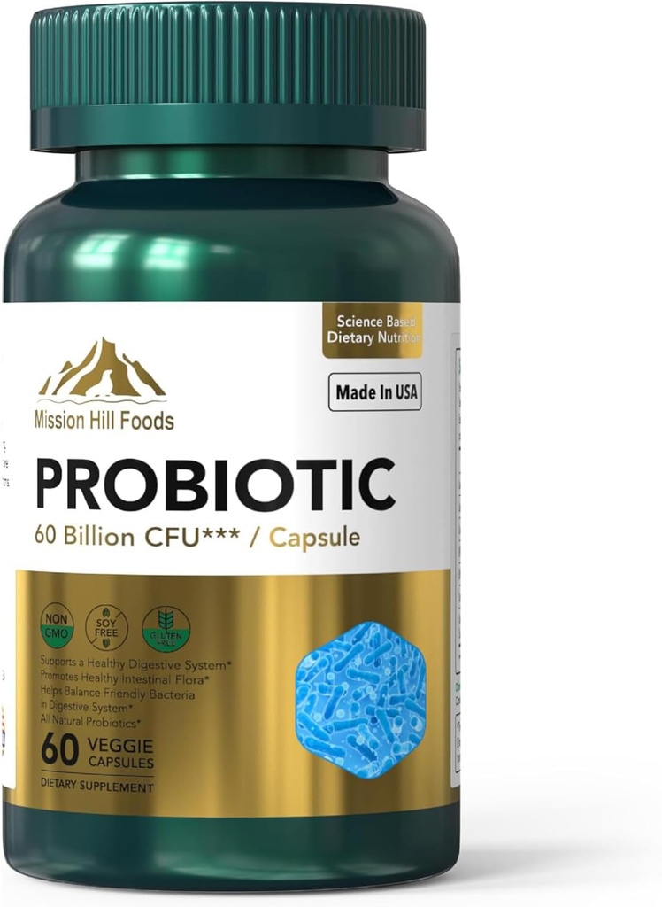 Probiotic 60 억 CFU | 소화 및 면역 건강 지원 (1 병-60 캡슐-2mo 공급) | 7 자연적인 Probiotic Strains 포함 | Non-GMO 글루텐 & Soy Free