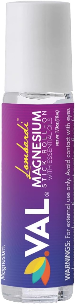VAL 롬바르디 마그네슘 스틱 롤론 Peppermint 및 기타 필수 오일 - 머리를위한 냉각 컴포트. 금속 롤러. 미국에서 만든. 10 ml.