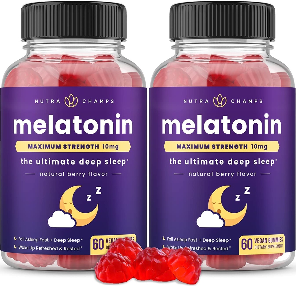 NutraChamps (성인 2 Melatonin Gummies의 포장, 추가 강도 수면 보조 비타민, 5mg 또는 10mg 복용량, 더 나은 수면을위한 Vegan 천연 딸기 풍미 보충, 120 Gummies