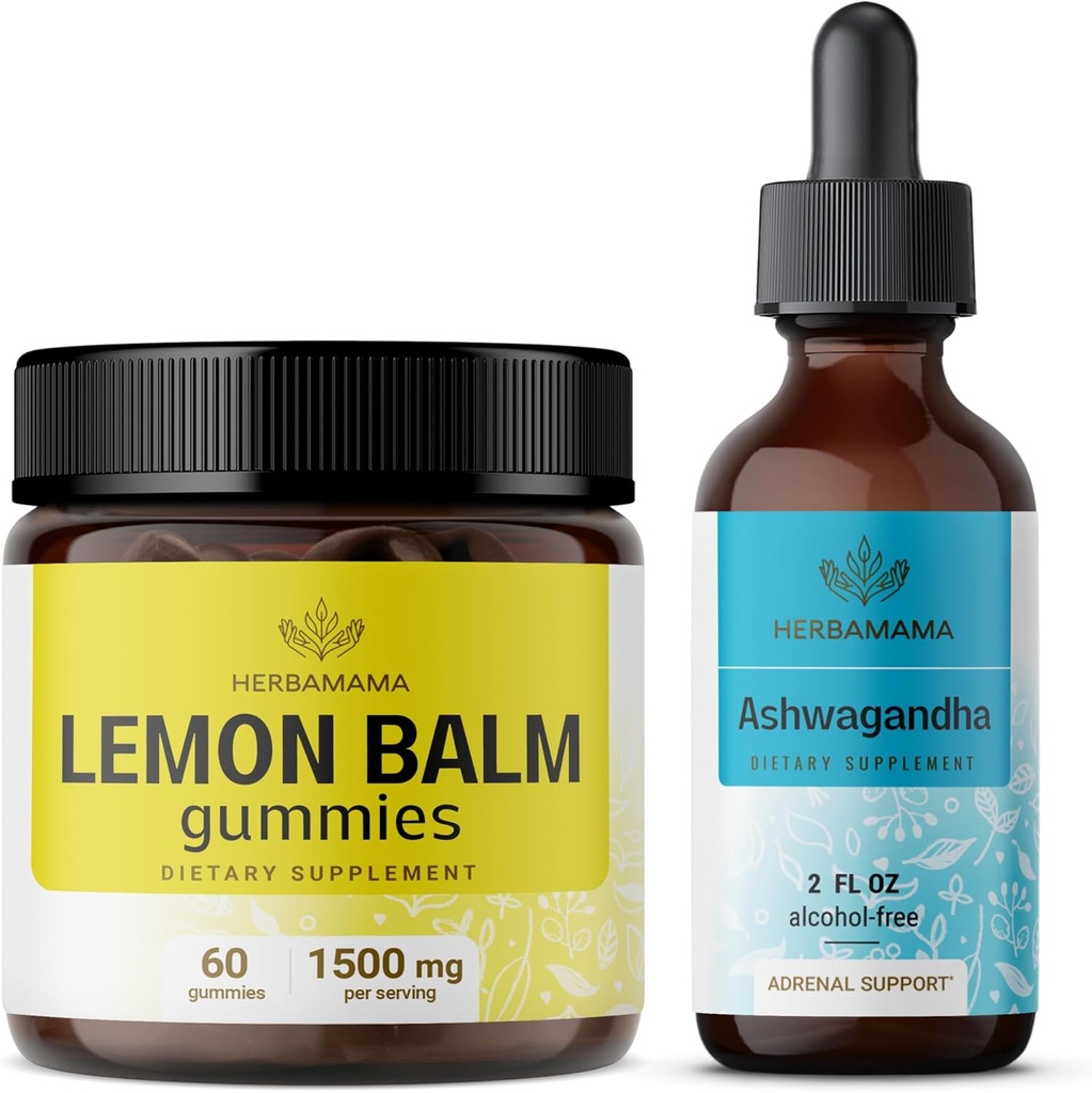 HERBAMAMA 레몬 balm 및 Ahwagandha 키트 - 레몬 balm Gummies 및 Ashwagandha 액체 드롭 2 fl oz - Vegan, Non-GMO, 알코올 및 젤라틴 - 무료 2 팩