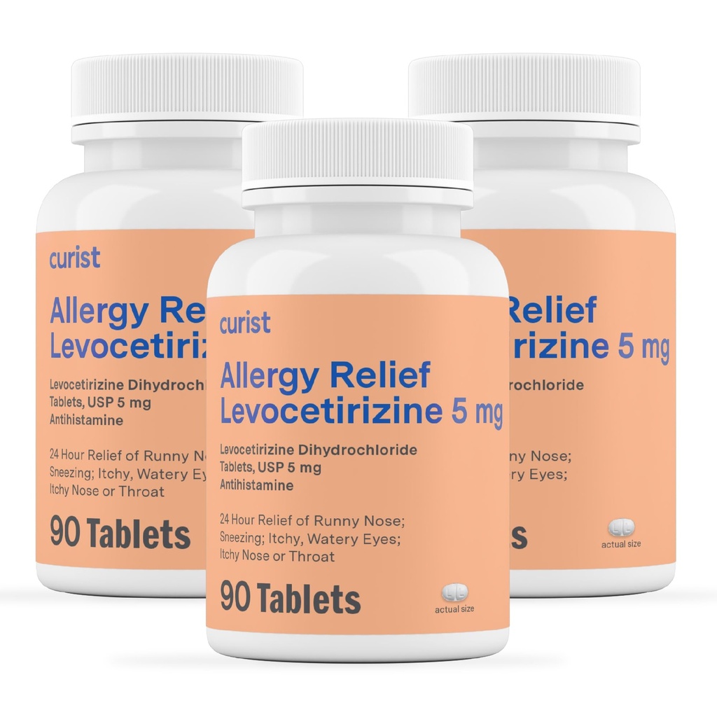 Curist Generic Levocetirizine Dihydrochloride 5mg 대량 (270 정제), 알레르기 약, 24 시간 알레르기 완화 - 알레르기 약 (90 정제 팩)