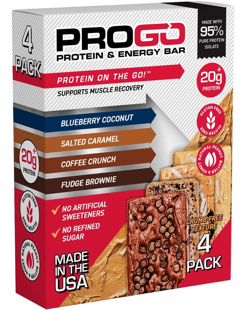 ProGo Protein Bar, 낮은 설탕, 고단백 스낵 (최대 21g) - 95 % 빠른 근육 성장 및 회복, 낮은 칼로리, 단화 된 w / 땅콩 버터 & 익지않는 꿀 (4-Count, 시동기 팩)