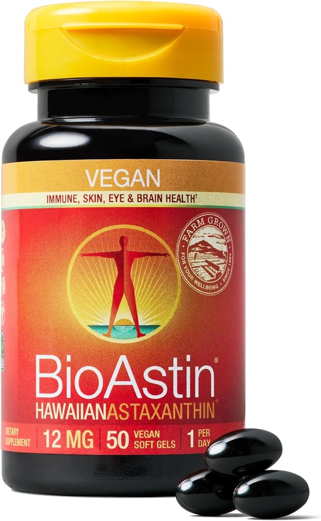 Nutrex Hawaii Vegan BioAstin Hawaiian Astaxanthin - 12mg, 50 Softgels - 농장 직접 프리미엄 산화 방지제 보충 아이, 피부, 관절 및 면역 체계 건강 지원 - Vegan, 비 GMO & 글루텐 자유로운
