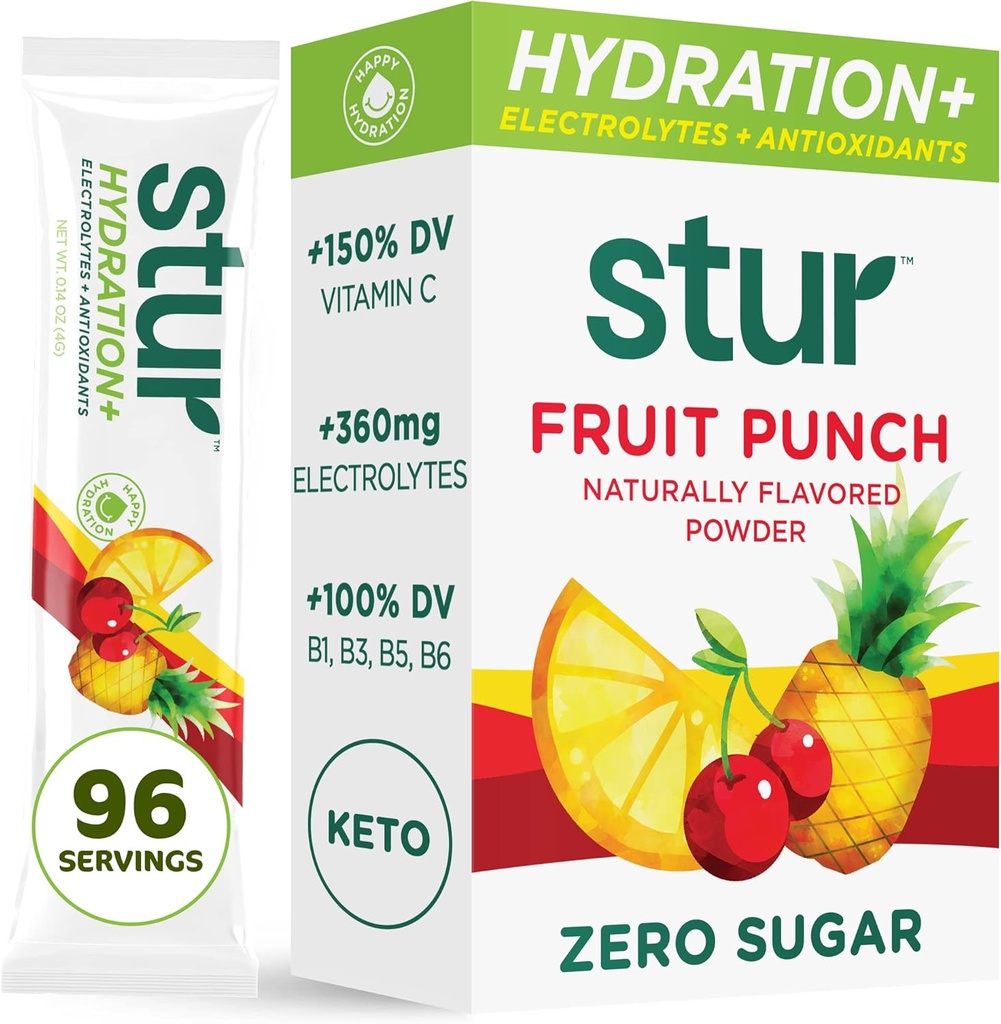 Stur Electrolytes Powder Hydration Packets | 과일 펀치 | 운동 회복을위한 설탕 무료 물 맛 패킷 | 높은 산화 방지제 및 B 비타민 | Keto, Vegan, Non-GMO, Paleo, 96 Packets