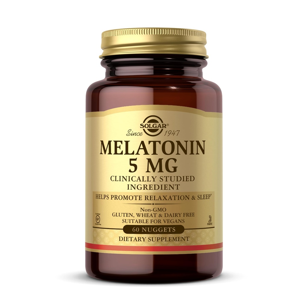 Solgar Melatonin 5 mg, 60 Nuggets - Relaxation & Rest - 임상적으로 Studied Melatonin - Vegan, Gluten Free, Dairy Free, Kosher - 60 서빙
