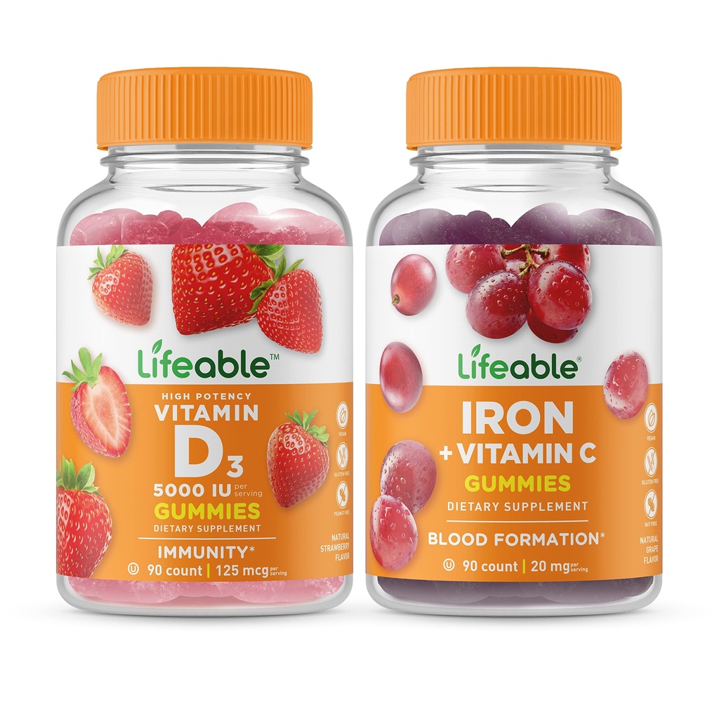 Lifeable Vitamin D 5000 IU + Iron with Vitamin C, Gummies Bundle - 훌륭한 타스팅, 비타민 보충, 글루텐 무료, GMO 무료, Chewable Gummy