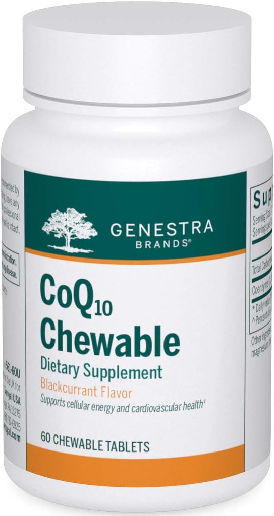 Genestra 브랜드 CoQ10 Chewable | Coenzyme Q10 보충교재 | 60의 Chewable 정제 | 자연적인 Blackcurrant 풍미