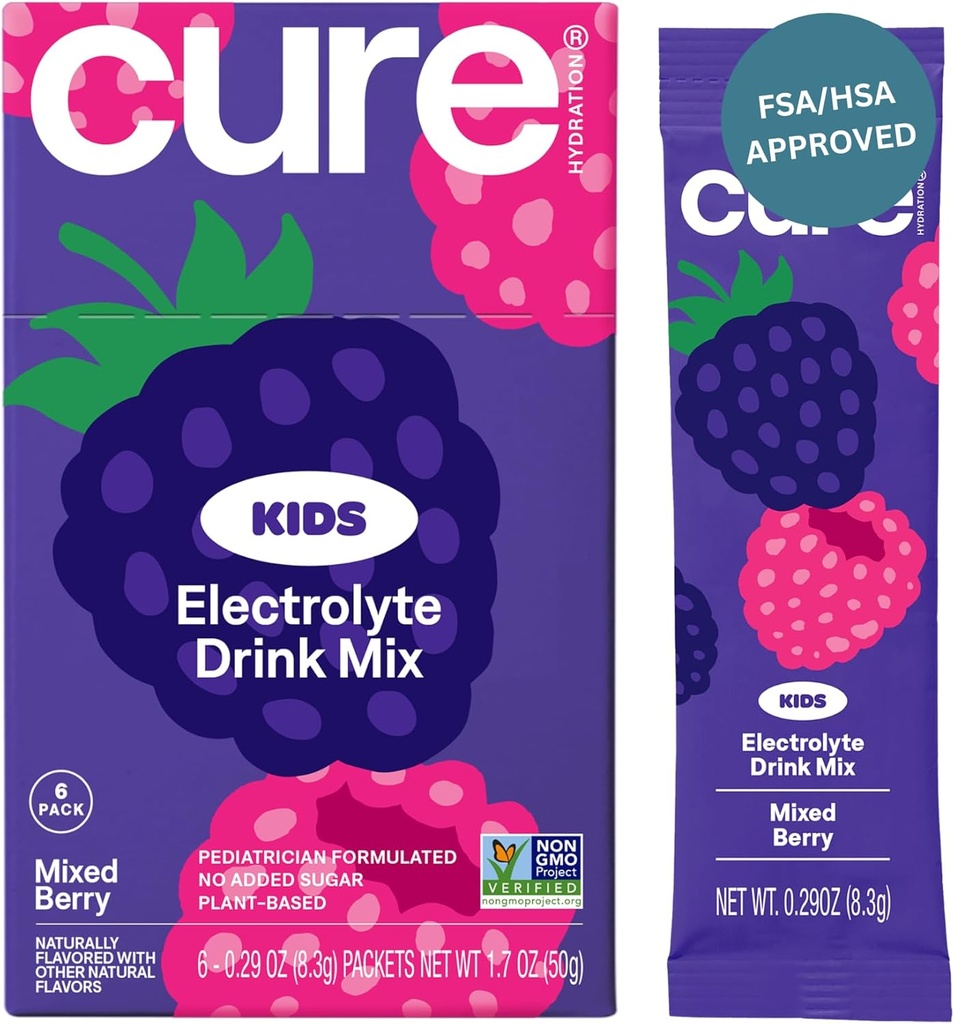 Cure Hydration - Kids Electrolyte 음료 믹스 | 플랜트 기반 소아과 공식 탈수 | 추가 설탕, FSA-HSA, Non-GMO, 글루텐 프리, 인공 향료 없음 | 상자 6 패킷 - 혼합 베리