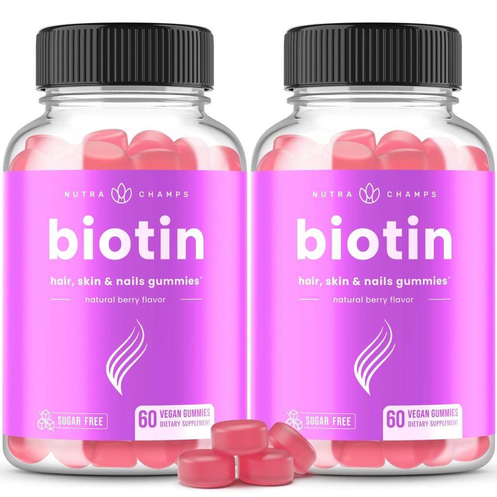 NutraChamps Sugar Free Biotin Gummies 10000mcg [High Potency] - 건강한 머리, 여성, 남성 및 아이를위한 피부 및 손톱 - 각 Gummy의 5000mcg - Vegan 헤어 건강 비타민 보충 - 라즈베리 (2 팩)