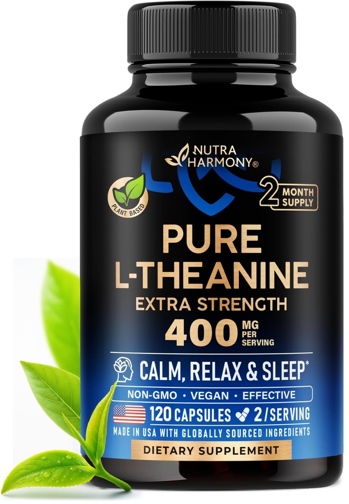L Theanine 400 mg | L-Theanine Stress Relief | Extra Strength Supplement | Made in USA | Relaxation, Sleep & Calm Support | 남성 및 여성용| 플랜트 기반, 비 GMO 및 글루텐 프리 | 120 Vegan 캡슐