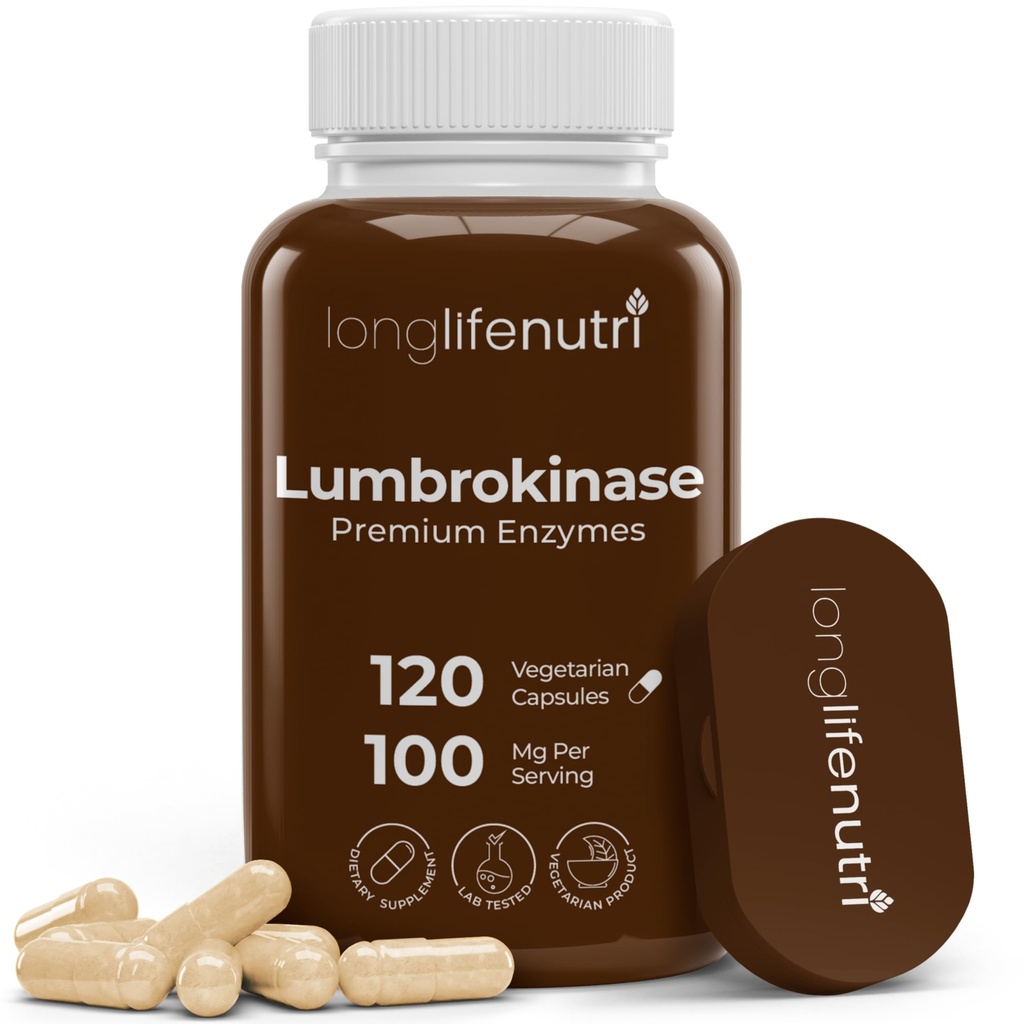 LongLifeNutri Lumbrokinase 100mg - 봉사 당 최대 활동 2,000,000 단위, 120 채식 캡슐, 2-Month 공급, 순환 건강, 실험실 테스트, 미국에서 만든 자연 효소 보충