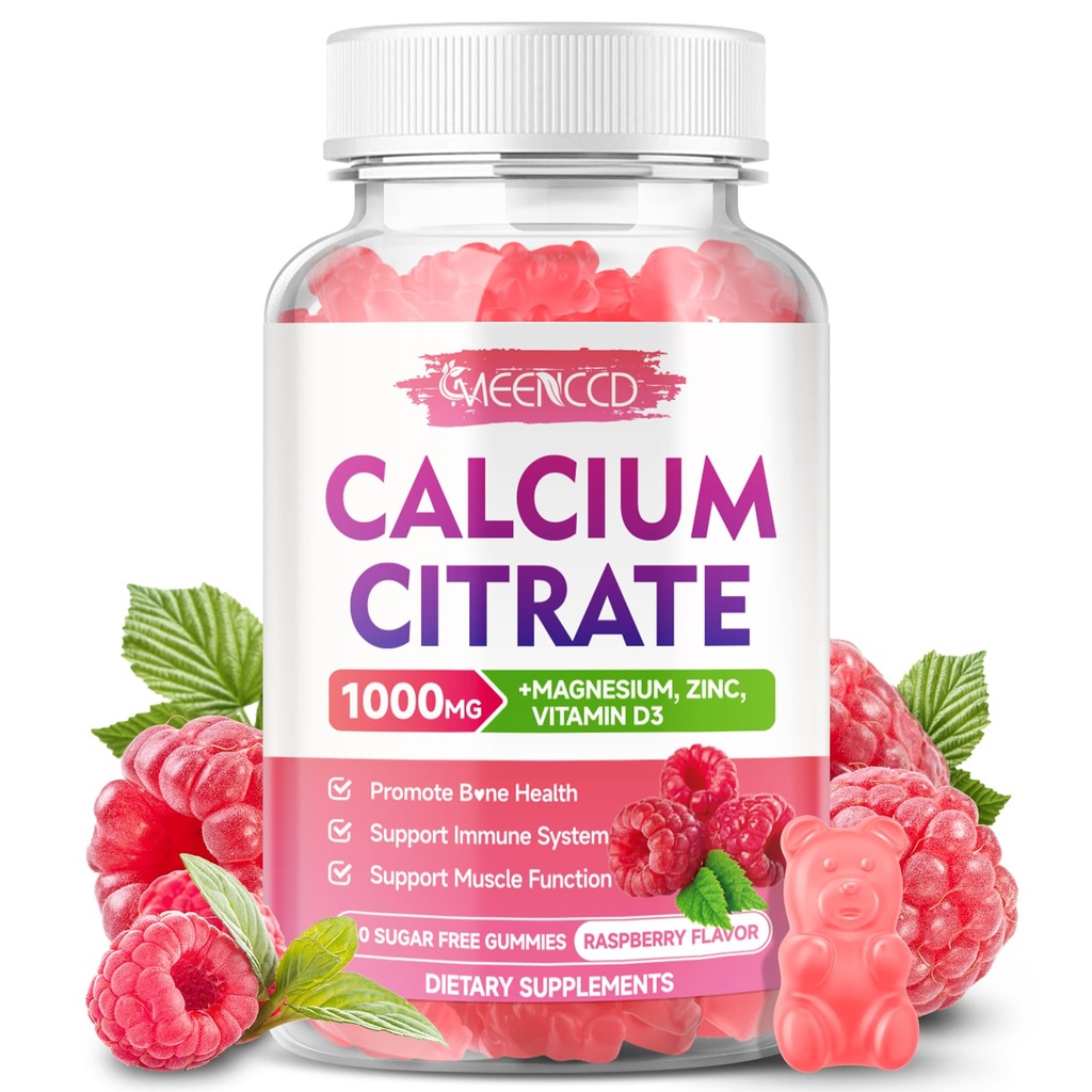 칼슘 구연산염 Gummies 1000mg w/Vitamin D3의 여자를 위한 높은 흡수 칼슘 보충교재 & 남자, 더하기 마그네슘, 칼륨, 근육을 위한 아연 & Immune, 설탕 자유로운, 라즈베리 풍미, 60 조사