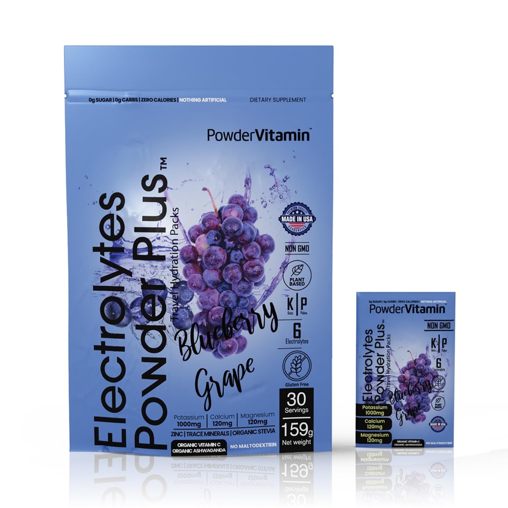 PowderVitamin Electrolytes Powder Plus, Keto, Blueberry 포도, Zero Sugar, 1000mg 칼륨, 120mg 칼슘, 120mg 마그네슘, 비 GMO, Zero Calories, 30 Hydration Packets