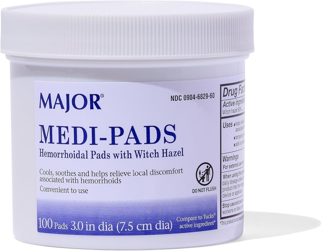 MAJOR Medi-Pads - Hemorrhoidal Hygienic Cleansing Witch Hazel Pads - 알로에와 냉각 구호 - 100 카운트 항아리 (1 팩)