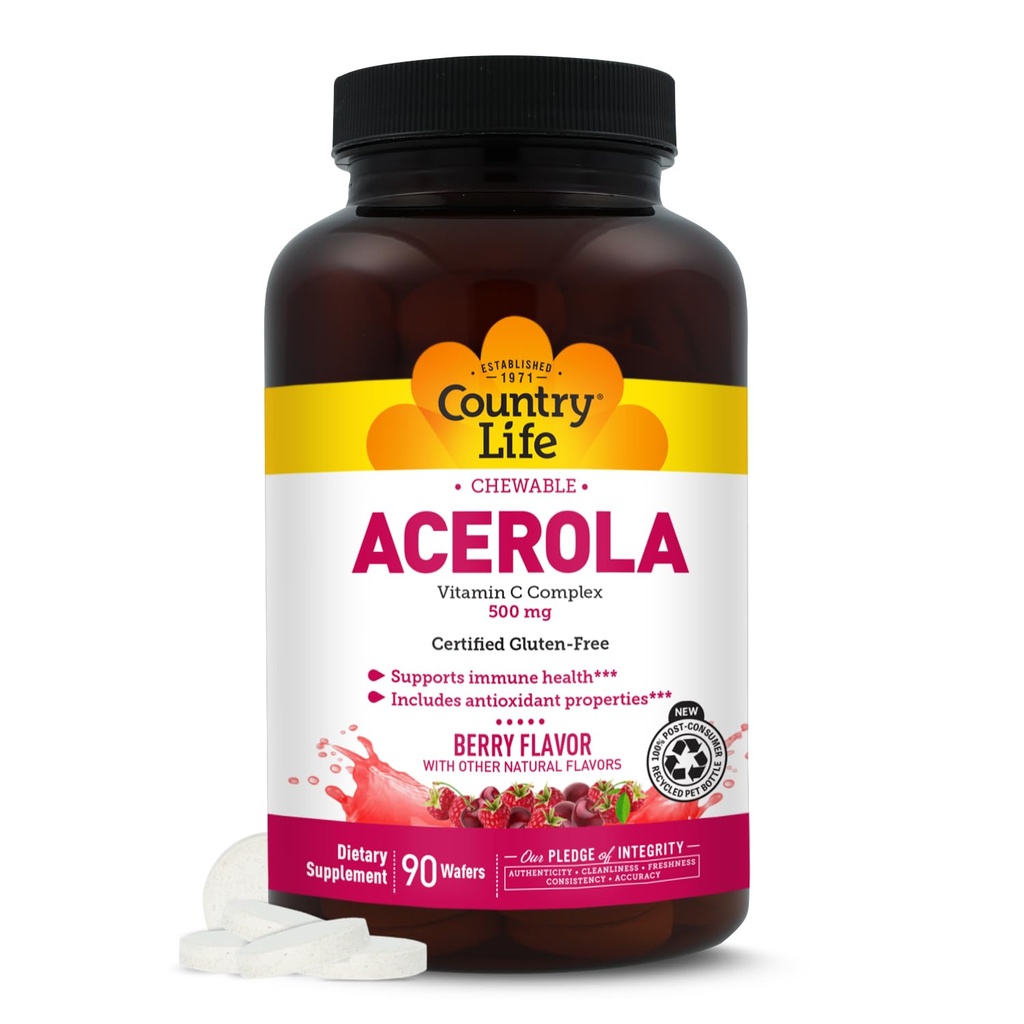 Country Life Acerola Vitamin C Complex, 500mg, Chewable Berry flavored Wafers, Immune Health, 90 Wafers, GFCO에 의해 인증 된 글루텐 무료, AVA에 의해 공인 된 비건