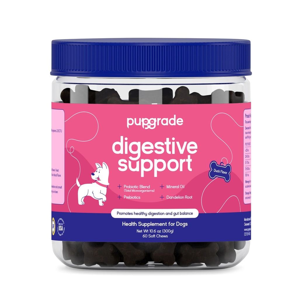 PupGrade Digestive Support Chews for Dogs - 효소 혼합을 가진 Prebiotic 및 Probiotic 보충교재 - Stomach, Diarrhea, Bowel 및 Immune 지원 - 호박, 블루베리, 무기물 기름 - 60 연약한 Chews