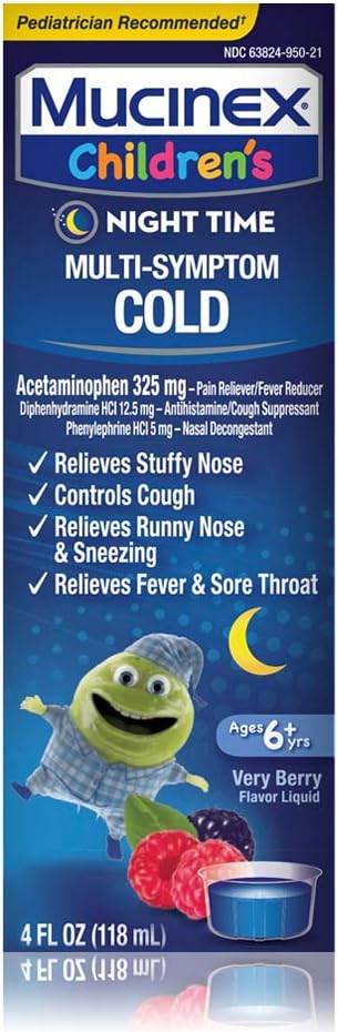 감기, 기침, 그리고 Fever, Mucinex 아이들의 다 Symptom의 밤 시간 찬 액체, 혼합 베리, 4oz는, Fever, 통제 기침을 감소시킵니다, 멸망한 노스를 구호합니다