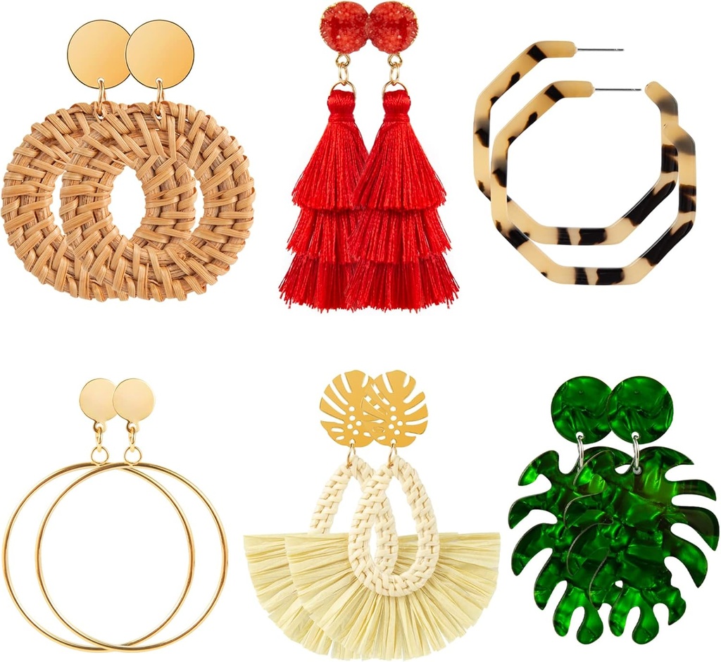 여성용 Ponpon 6-18 쌍 귀걸이, 경량 여름 귀걸이 짚 귀걸이 패션 기하학적 문 Hoop Dangle Drop Earrings for Women