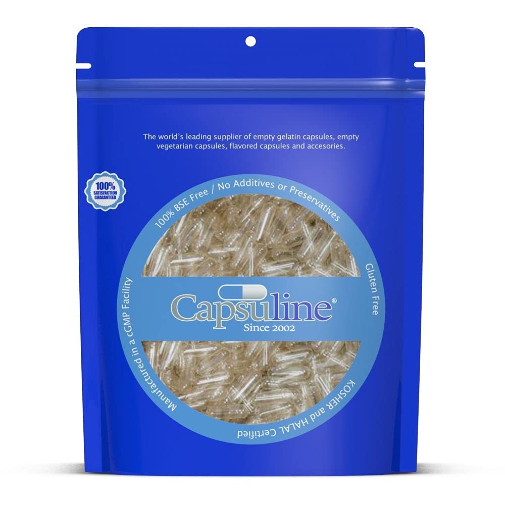 Capsuline 크기 00 - 명확한 빈 젤라틴 캡슐 - 빈 젤 알약 캡슐 - DIY 순수한 둔감한 알약 캡슐 충전물 - 빈 모자 - 코셔, 글루텐 자유로운, 할랄 및 비 GMO (500 조사, 명확한)
