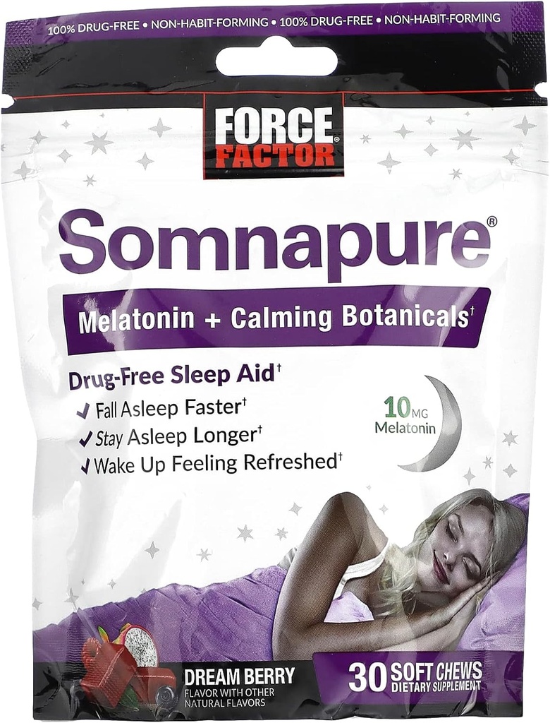 FORCE FACTOR Somnapure 10mg Melatonin, L-Theanine, Chamomile, 레몬 Balm, 드림 베리 맛, 30 소프트 체스