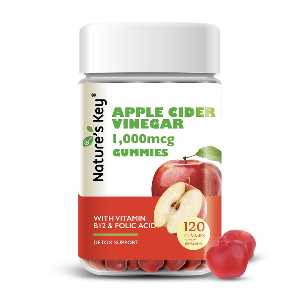 Nature's Key Apple Cider Vinegar Gummies 120 Folic 비타민 B6 B12 Beetroot & Pomegranate와 함께 ACV 거미 - Vegan, Non-GMO & 글루텐 프리