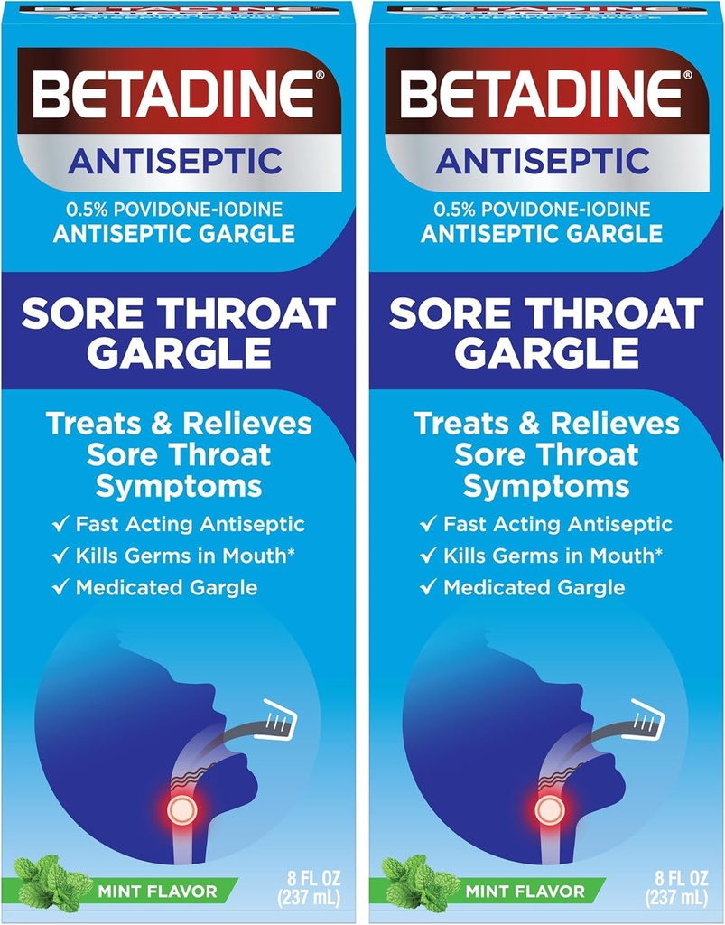 Betadine Sore Throat Relief Gargle, 민트 맛, 빠른 행동 무균, Povidone-Iodine 0.5%, 8 온스 (2의 포장)