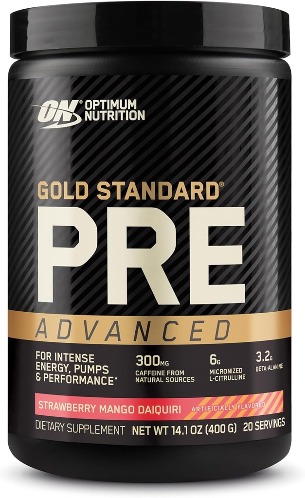 Creatine, Beta-Alanine, Micronized L-Citrulline 및 Caffeine, Keto Friendly, Strawberry Mango Daiquiri, 20 서빙과 함께 최적의 영양 골드 표준 사전 운동 고급