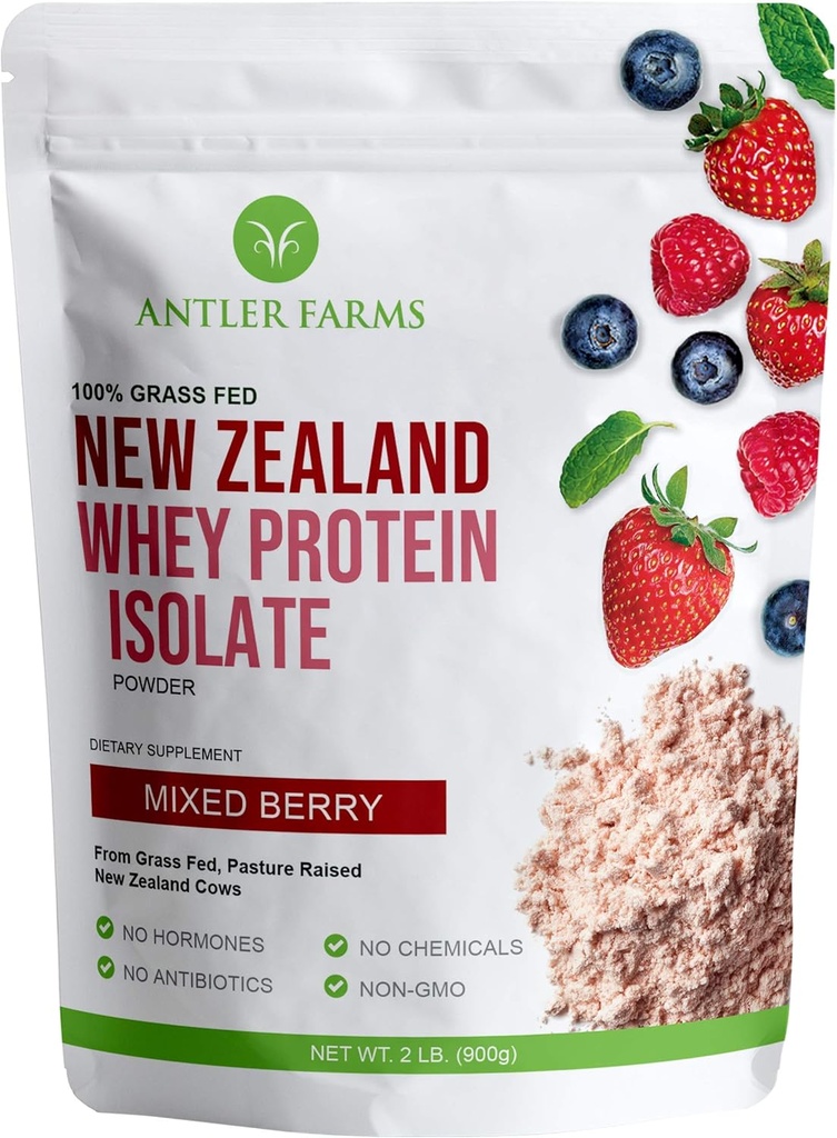 Antler Farms - 100 % Grass Fed New Zealand Whey Protein Isolate, 혼합 베리 맛, 30 서빙, 2 파운드 - 맛있고, 냉간 가공, 급속하게 흡수, Keto 친절, NO-Hormones, NO-GMOs