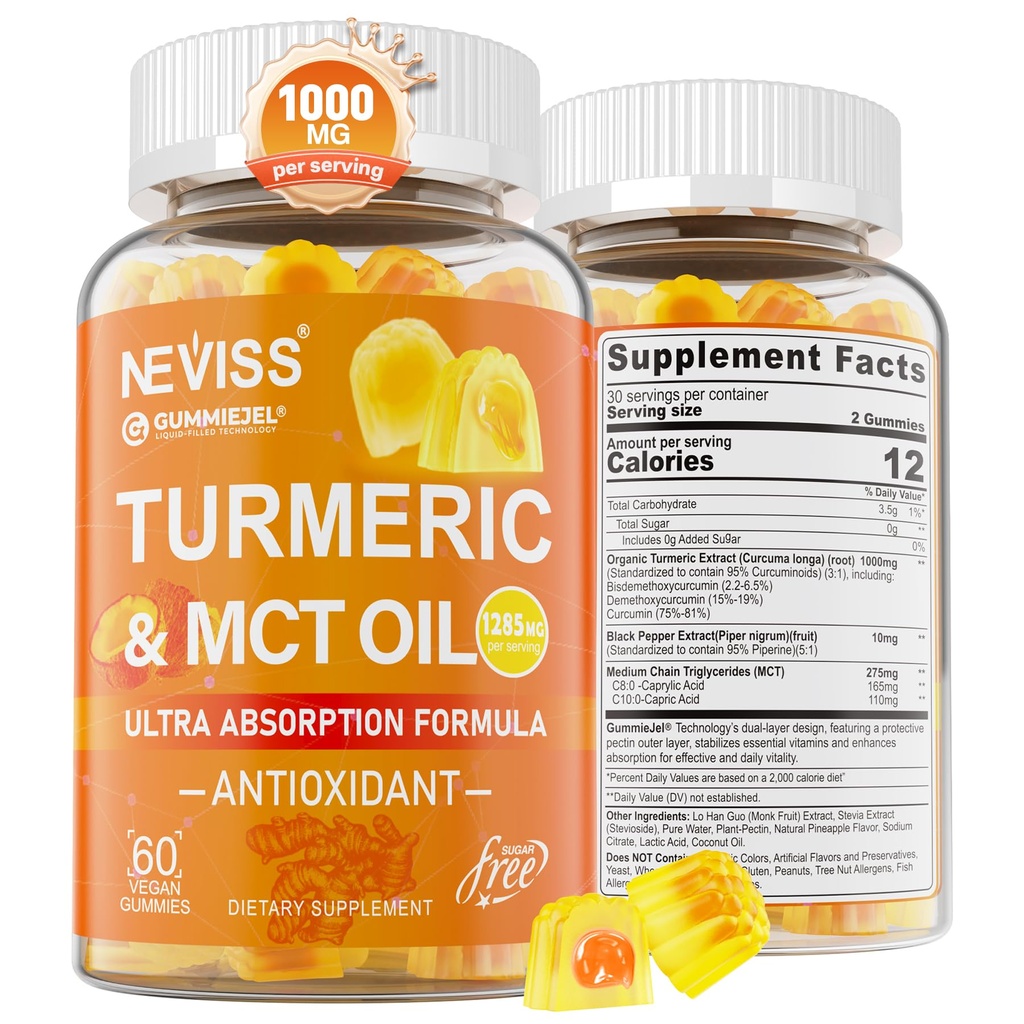 심황 Gummies 1000mg w/MCT 기름 C8 C10의 유기 산화 방지제, 까만 고추 추출물을 가진 심황 Curcumin 보충교재, 지원 안락, 부스트 에너지, 매우 흡수, 설탕 자유로운, 60 Cts